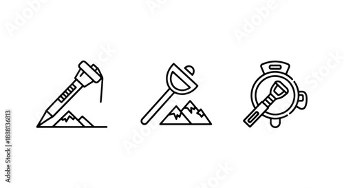 Mountain climbing and exploration icons: ice axe on mountain, carabiner with peaks, and snow shovel