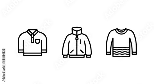 Casual apparel icons: collared shirt, zip-up jacket, and striped sweater for everyday wear