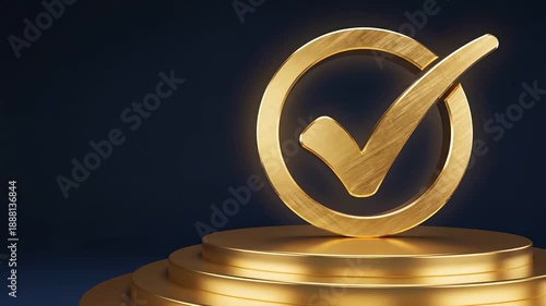 Golden Checkmark Symbol on a Gold Pedestal, Dark Background, Success Concept.