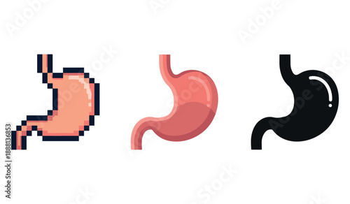 Three stomach icons: pixel, cartoon style, silhouette on white background