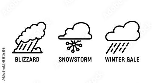 Line art icons representing extreme winter weather conditions: Blizzard, Snowstorm, and Winter Gale.