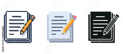 Pixel, flat, and glyph icons of pencils on document papers