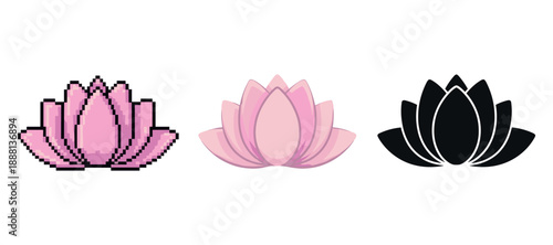 Lotus flower trio in pixel, soft pink, and black silhouettes