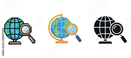 Set of three globe icons with magnifying glass in pixel, flat, and glyph styles