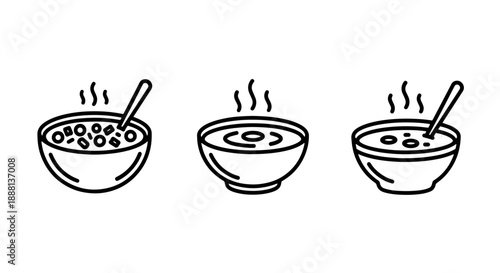 Collection of simple line icons depicting steaming bowls of soup, suitable for food blogs, recipe cards, or restaurant menus.