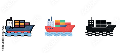 Colorful and pixel art cargo ships on white background illustrations