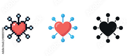 Three heart icons with viral structure design in pixel, flat, and silhouette styles