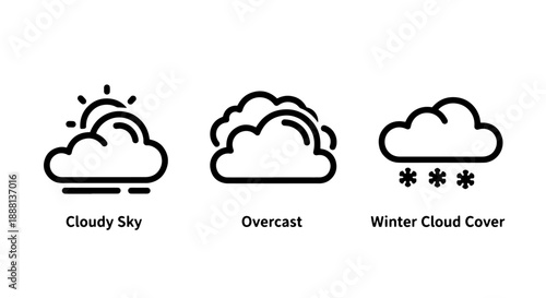 Icon set illustrating weather conditions: a sunny cloudy sky, an overcast cloud, and a cloud with falling snowflakes for forecasting and climate themes.