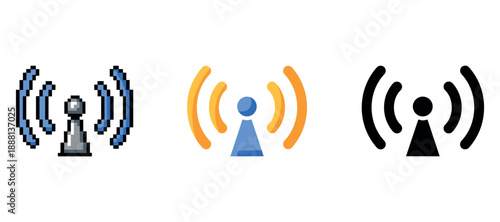 Three unique wireless icons in pixelated, flat, and silhouette style