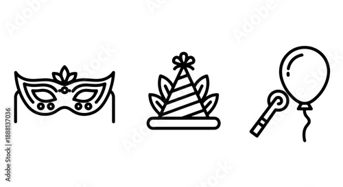 Party and celebration icon set featuring a masquerade mask, a party hat, and a balloon with a string, perfect for event invitations and decorations.