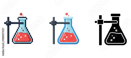 Pixel, vector, and silhouette lab flasks with red liquid