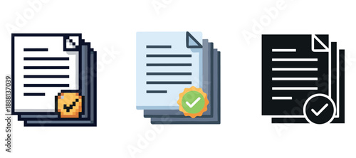Document icons with checkmarks: approved stacked papers in three styles