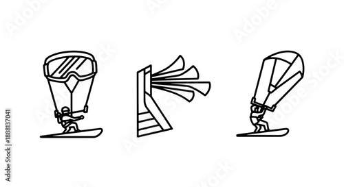 Action sport icons: a person paragliding, a windsock, and a person kitesurfing, capturing the thrill of extreme outdoor activities.