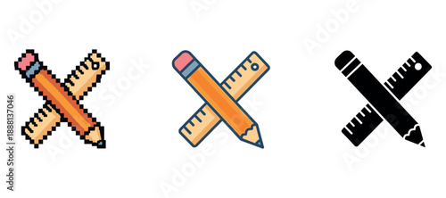 Pixel, outline, and silhouette crossed pencil and ruler icons
