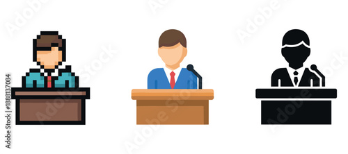 Pixel, flat, and silhouette art of male speaker at podium