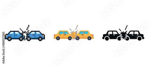 Pixelated car crash icons showing three different styles of vehicle collision