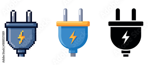 Pixelated, cartoon, and silhouette electric plugs with lightning symbols