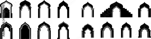 Set of 16 Islamic Arch Silhouettes with Traditional Middle Eastern Gateways Window Frames and Decorative Mehrab Designs for Architecture and Graphic Art