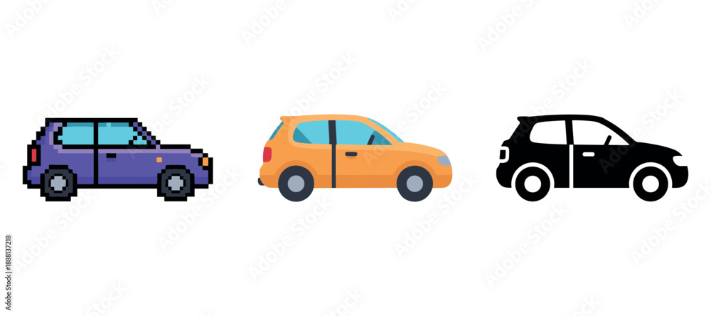 Fototapeta premium Pixel art, flat design, and silhouette of compact car styles