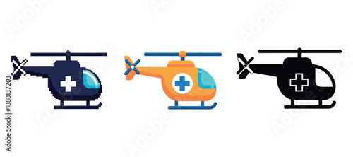 Set of three helicopter icons: pixelated, flat, and silhouette styles