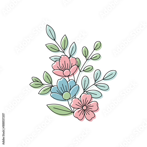 Floral Branch with Pink and Blue Flowers