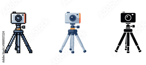 Colorful and monochrome camera icons on tripods