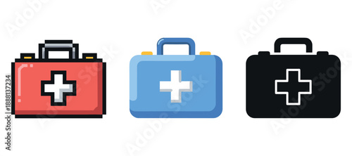 Pixel art red, blue, and black medical kits with cross symbols