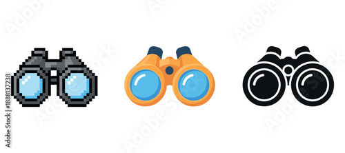 Pixelated, colorful, and silhouette binoculars icons on white background