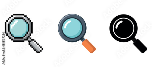 Magnifying glass icons: pixelated, detailed, silhouette versions on white background
