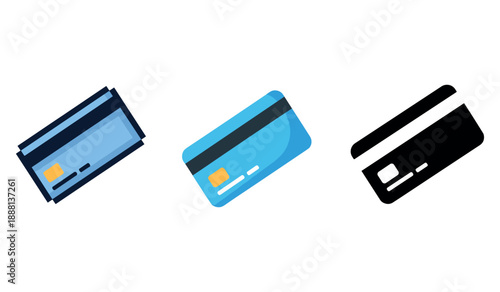 Three credit cards in various designs and colors on white background