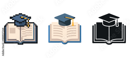 Graduation cap and open book icons in pixel, color, and silhouette styles