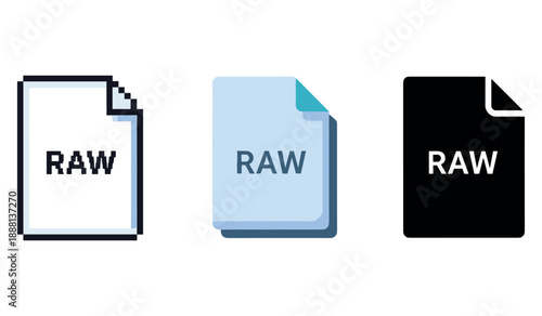 Set of three raw file icons in different styles and colors