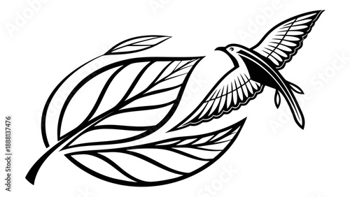 Small bird flies toward large stylized leaves forming a dynamic swoosh shape on a stark white backdrop.