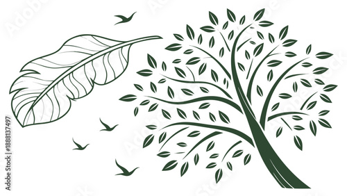 Large feather floats away from a stylized tree toward small birds in flight against a white background.