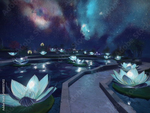 Tranquil Contemplation Beneath a Star-Strewn Nebula, Where Glowing Lotus Lanterns Illuminate the Mystic Water Garden Path