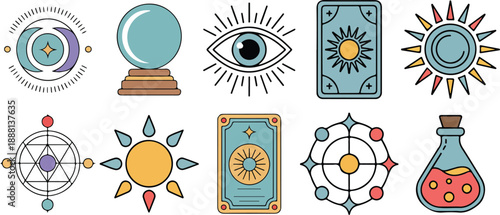 Assortment of ten vector mystical symbols including suns moons crystal balls and geometric shapes
