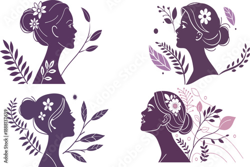 International Women's Day. March 8. Portraits of different women in profile. Horizontal format. Violet colors. Vector illustration, flat design