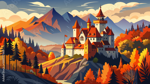Very beautiful panoramic view of Bran Castle in autumn shows medieval stone towers rising above colorful Transylvanian forests, creating a dramatic seasonal landscape and one of Romania’s most iconic 