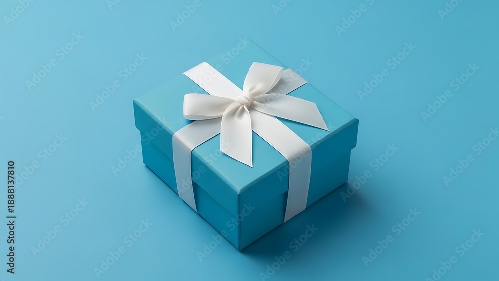 Fototapeta premium Blue gift box with white ribbon bow on blue box wrapped present