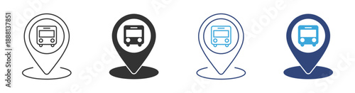 Bus Location Pin Icon set. Public Transport Marker and Navigation Symbol. City Transit GPS Collection, vector Illustration.