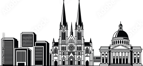 PrintBlack and White City Skyline Vector Illustration Featuring Gothic Cathedral Church Architecture Modern Office Buildings and Classic Domed Capitol Landmark in Minimalist Urban Style