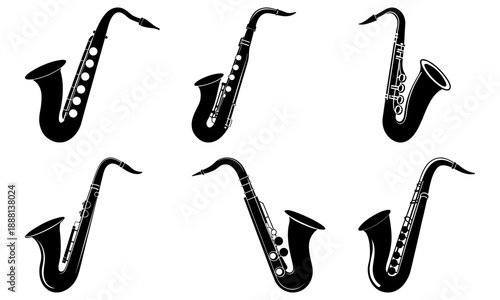 Six Different Types of Saxophones in Black and White Silhouette on White Background musical instrument