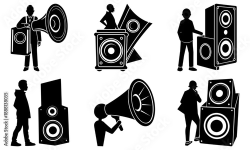 People with Large Speakers and Megaphones Silhouettes on Transparent Background black and white