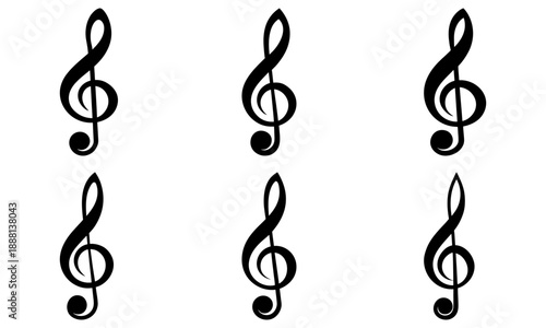 Six black treble clef symbols on a white background music symbol musical notation
