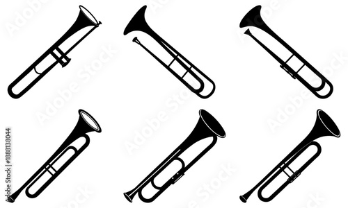 Five Trombone Musical Instruments in Black Silhouette on White Background brass instrument