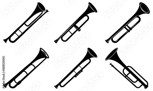 Five black trombone musical instruments on white background brass instrument