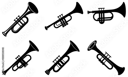 Six Black Trumpets Silhouettes on White Background musical instruments brass instruments