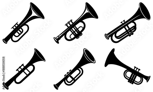 Six Musical Brass Instruments Silhouettes on White Background musical instruments trumpet