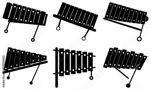 Five Different Types of Xylophones in Black and White Silhouette on White Background musical instrument