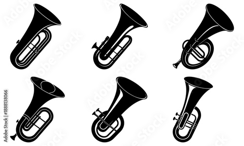 Six black trombones with transparent background musical instrument brass instrument
